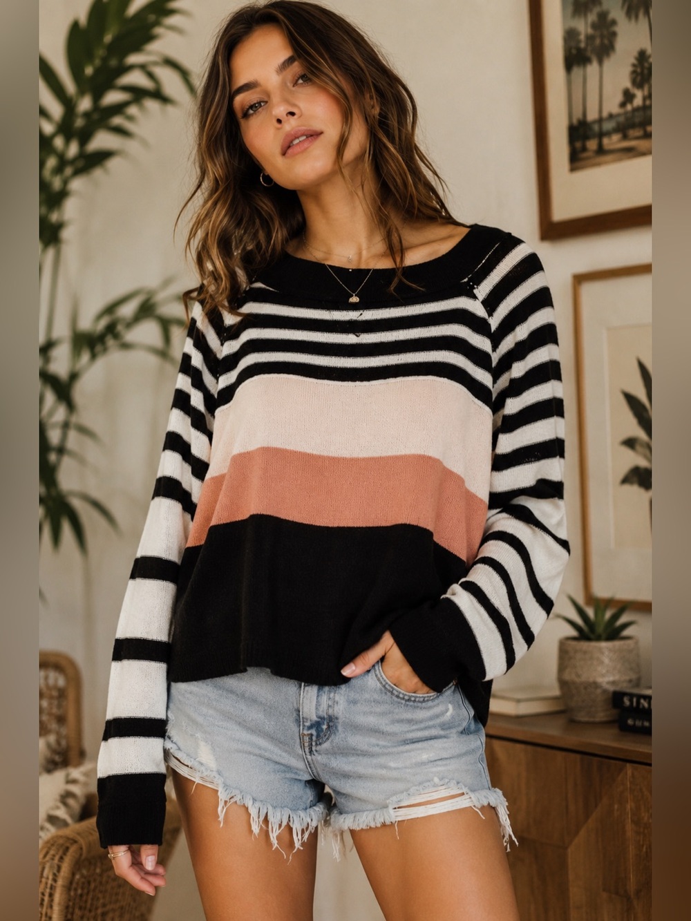 Free People Block Party Linen Cotton Stripped Boxy Knit Exposed Hem Sweater